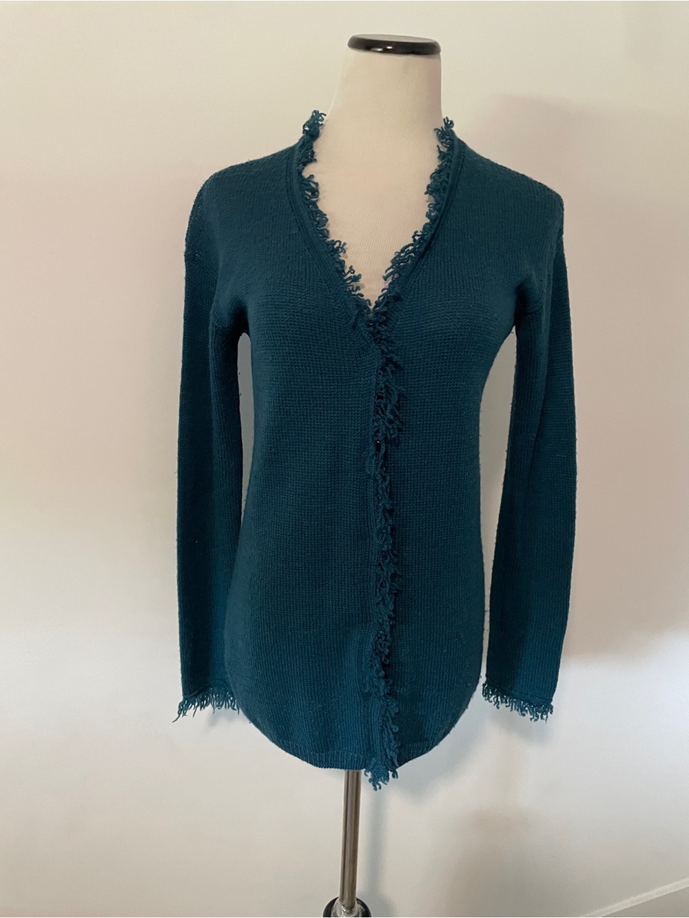 Prada Dark Teal Fringe-Trim Knit Cardigan